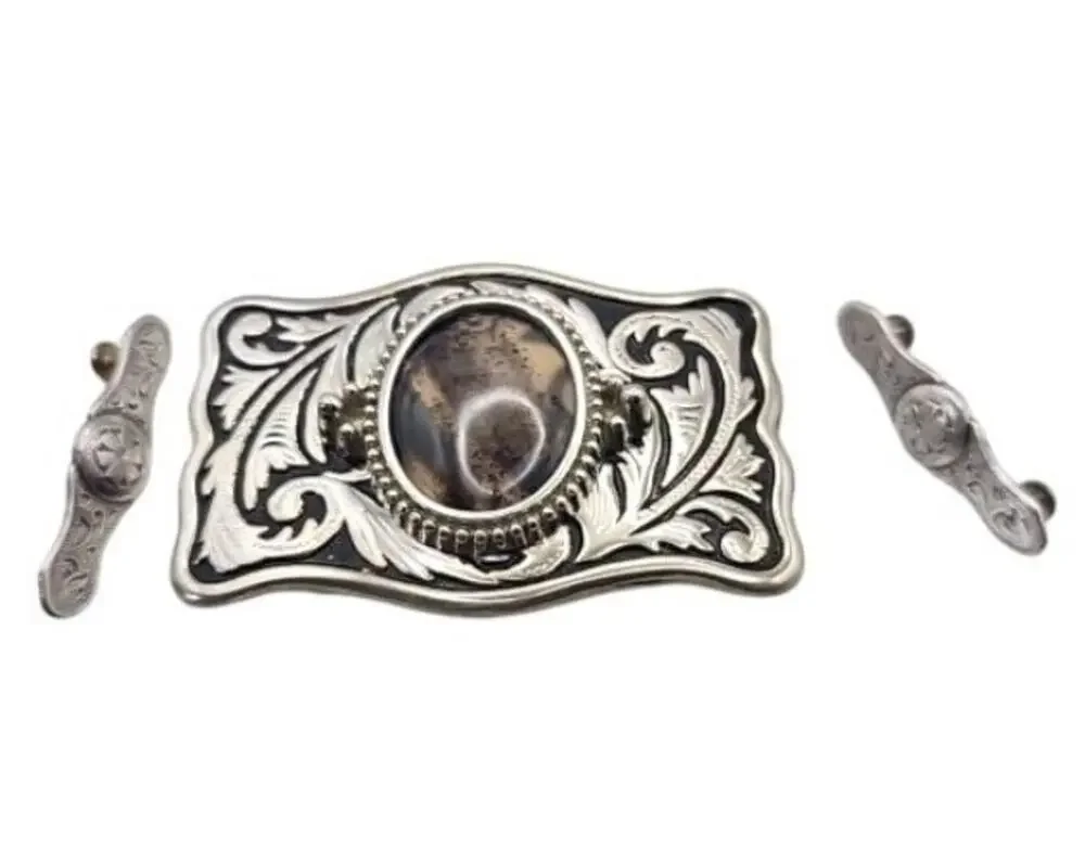 Western Belt Buckle Dendritic Agate Cabochon Silver Engraved Accents Side Pieces